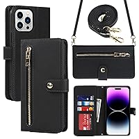 Ｈａｖａｙａ Crossbody Phone case for iPhone 15 pro max case with Strap for Women iPhone 15 pro max Wallet case with Card Holder Flip Leather Zipper Wallet Cover with Credit Card Slot-Black
