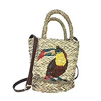 Tiki Parrot Woven Straw Small Basket Bag, Natural