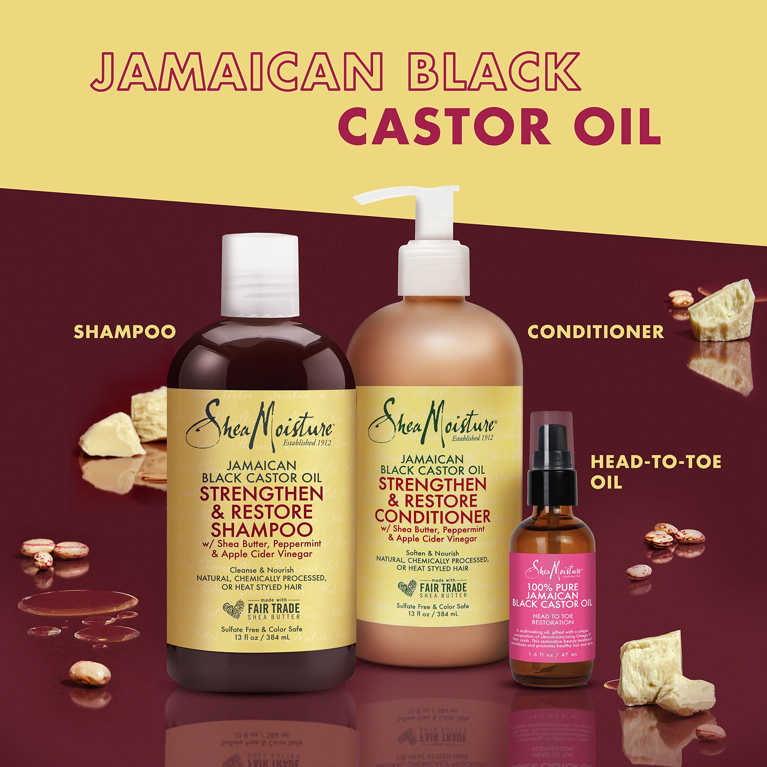 SheaMoisture Strengthen and Restore Shampoo, Conditioner and Head-To-Toe Restoration Body Care Oil for Dry Skin and Hair Jamaican Black Castor Oil Skin and Hair Care Regimen with Shea Butter