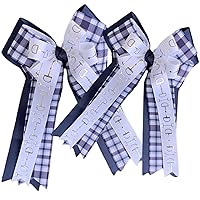 equestrian show hair bows for girls navy blue plaid horse show hair bows gifts apparel belts helmets saddle pad accessories (Medium 5 Inch Tails, 2 Inch French Clips, No Monogram)