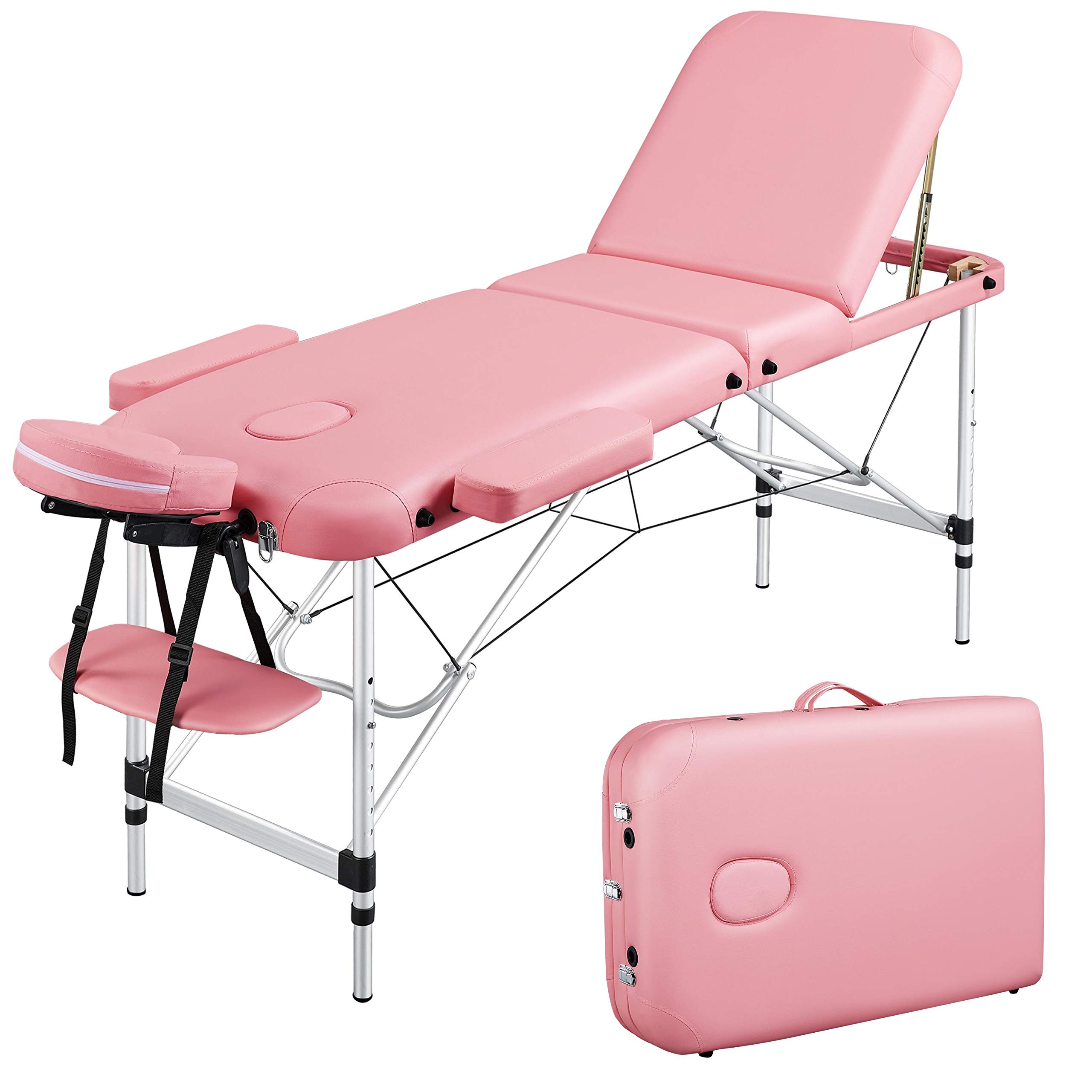 Yaheetech Aluminum Fold Up Massage Spa Bed Facial Tattoo Salon Bed 3 Folding Massage Table Pink