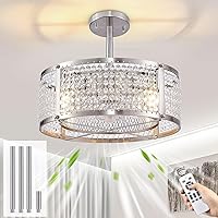 Brushed Nickel Ceiling Fans with Lights Remote Control, Flush Mount Ceiling Fan Adjustable Height, Small Crystal Ceiling Fan Light Fixture for Bedroom, Dining Room