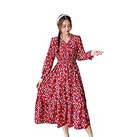 NC Autumn Retro Long-Sleeved Over-The-Knee Floral Dress with Big Swing