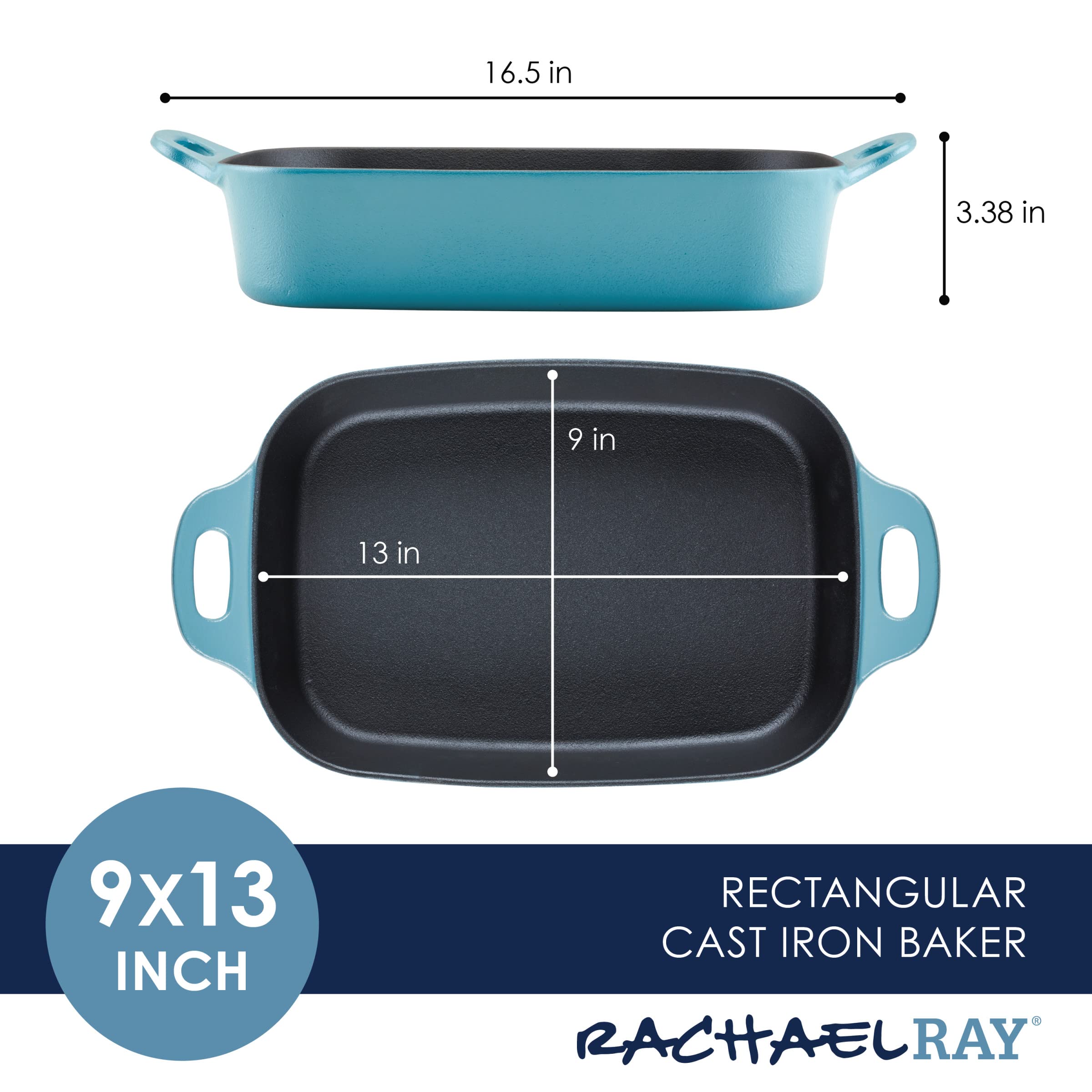 Rachael Ray NITRO Cast Iron Roasting Lasagna Pan/Baking Dish, Roaster/Rectangular, 9 Inch x 13 Inch, Agave Blue