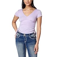 WallFlower Women's Madeline Short Sleeve V-Neck Yummy Rib Top with Ruched Sides