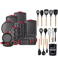 Country Kitchen Baking Pan and Utensil Bundle- 10 Nonstick Baking Pans with 13 Kitchen Utensils & Holder for Cooking and Baking (Black/Red)