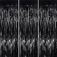 Black 3 Pack Metallic Tinsel Foil Fringe Curtains, 3.3x8.3 Feet Black Streamers Backdrop for Party, Door Streamers Party Decorations, Party Streamers for Birthday Christmas Party Decorations