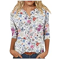 Blouses for Women Dressy Casual,3/4 Sleeve Tops for Women Retro Print Button Top Graphic Tees for Women