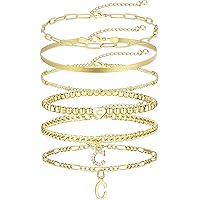 6 Pcs Gold Bracelets for Women, 14K Real Gold Plated Stackable C Initial Chain Bracelets Adjustable, Dainty Stretch Beaded Letter Bracelet Set for Gifts