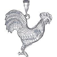 Sterling Silver Rooster Charm Pendant Necklace Diamond Cut Finish with Chain