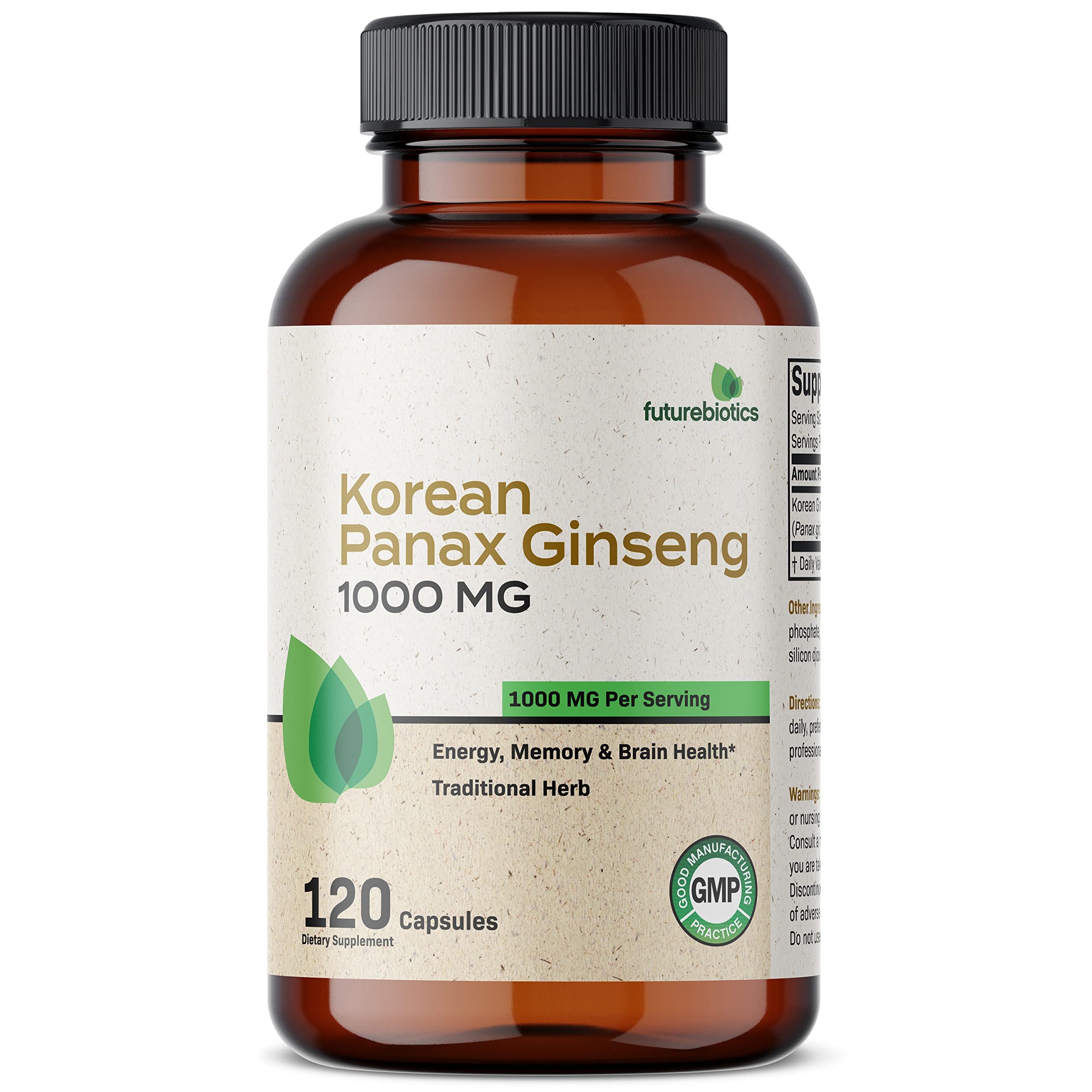 Futurebiotics Korean Panax Ginseng 1000 MG Per Serving Energy, Memory & Brain Health Support, Non-GMO, 120 Capsules