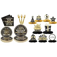 DECORLIFE 60th Birthday Plates and Napkins Set, 9PCS Black and Gold Birthday Decorations, Birthday Centerpieces for Tables and Parties,60th Birthday Decorations for Men