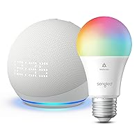Echo Dot (5th Gen) with Clock | Glacier White with Sengled Smart Color Bulb