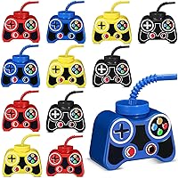 Mifoci 12 Pcs Plastic Video Gaming Cups with Straw and Lid, 10 oz Gamer Birthday Party Cups Gaming Drink Cup Video Gaming Cups Party Favors for Boy Video Game Birthday Party(Yellow, Red, Blue, Black)