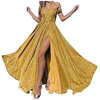 Off Shoulder Prom Dresses for Women 2024 Sparkly Sequins Ball Gown Split Long Evening Formal Party Gowns with Pockets GL0007