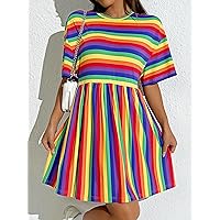 Summer Dresses for Women 2022 Rainbow Striped Drop Shoulder Dress Dresses for Women (Color : Multicolor, Size : Medium)