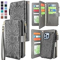 Harryshell Compatible with iPhone 13 Pro Max 6.7 inch 5G 2021 Wallet Case Detachable Magnetic Cover Zipper Cash Pocket Multi Card Slots Holder Wrist Strap Lanyard Floral Flower (Gray)