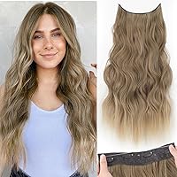KooKaStyle Invisible Wire Hair Extensions with Transparent Wire Adjustable Size 4 Secure Clips Long Wavy Secret Synthetic Hairpiece 20 Inch Ash Brown mix Bleach Blonde for Women