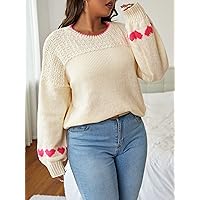 Plus Size Women for Sweater - Plus Heart Pattern Drop Shoulder Sweater (Color : Beige, Size : XX-Large)