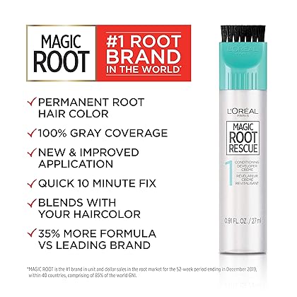 L'Oreal Paris Magic Root Rescue 10 Minute Root Hair Coloring Kit, Permanent Hair Color with Quick Precision Applicator, 100 percent Gray Coverage, 4 Dark Brown, 1 kit (Packaging May Vary)