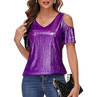Womens Glitter Metallic Tops Sexy Cold Shoulder V Neck Sparkly Dressy Party Concert Blouse
