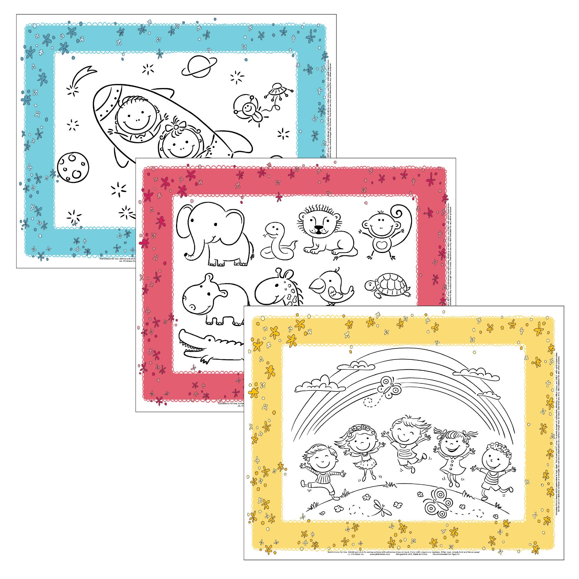 Healthy Habits by J.L. Childress Disposable ColorMe Placemats, 24 Pack - Paper Stick-On Placemats with Coloring Fun, Airplane Tray Table Cover, Colors May Vary
