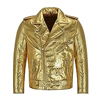 LP-FACON Mens Golden/Silver Foiled Metallic Punk Brando Motorcycle Biker Leather Jacket Real/Faux