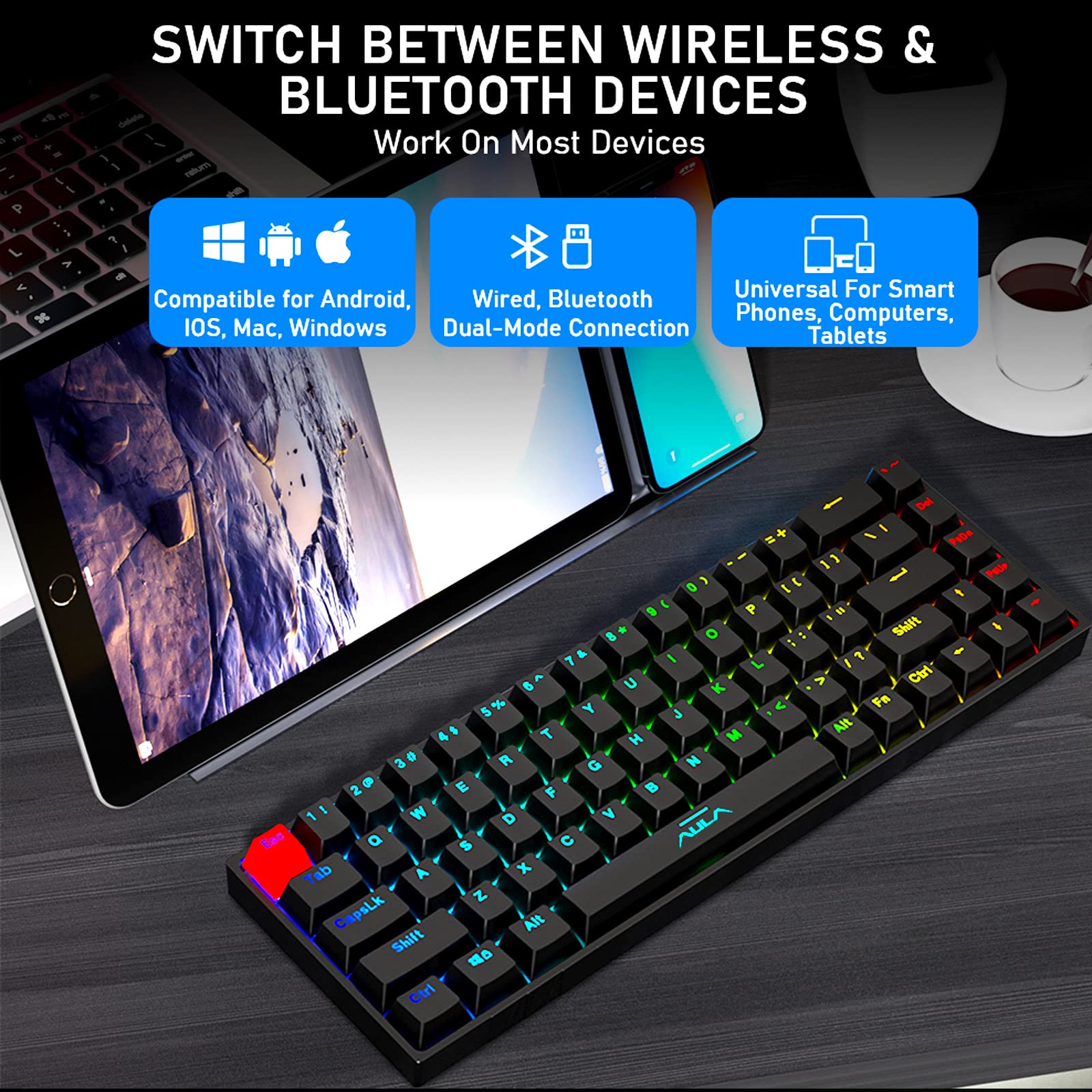 SOLAKAKA 65% Bluetooth Mechanical Keyboard, with RGB Backlit, Arrow Keys, Compact 68-Keys Hot Swappable, USB Wired Gaming Keyboards for Windows PC Mac Gamer, Blue Switch
