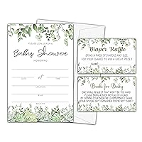 Baby Shower Invitation Kit, Diaper Raffle Games, Books For Baby, Greenery, Eucalyptus Baby Gender Reveal Fill In Invites Cards, Each Design 25 Cards & 25 Envelopes （A Total of 100 set）- BABYSET-016