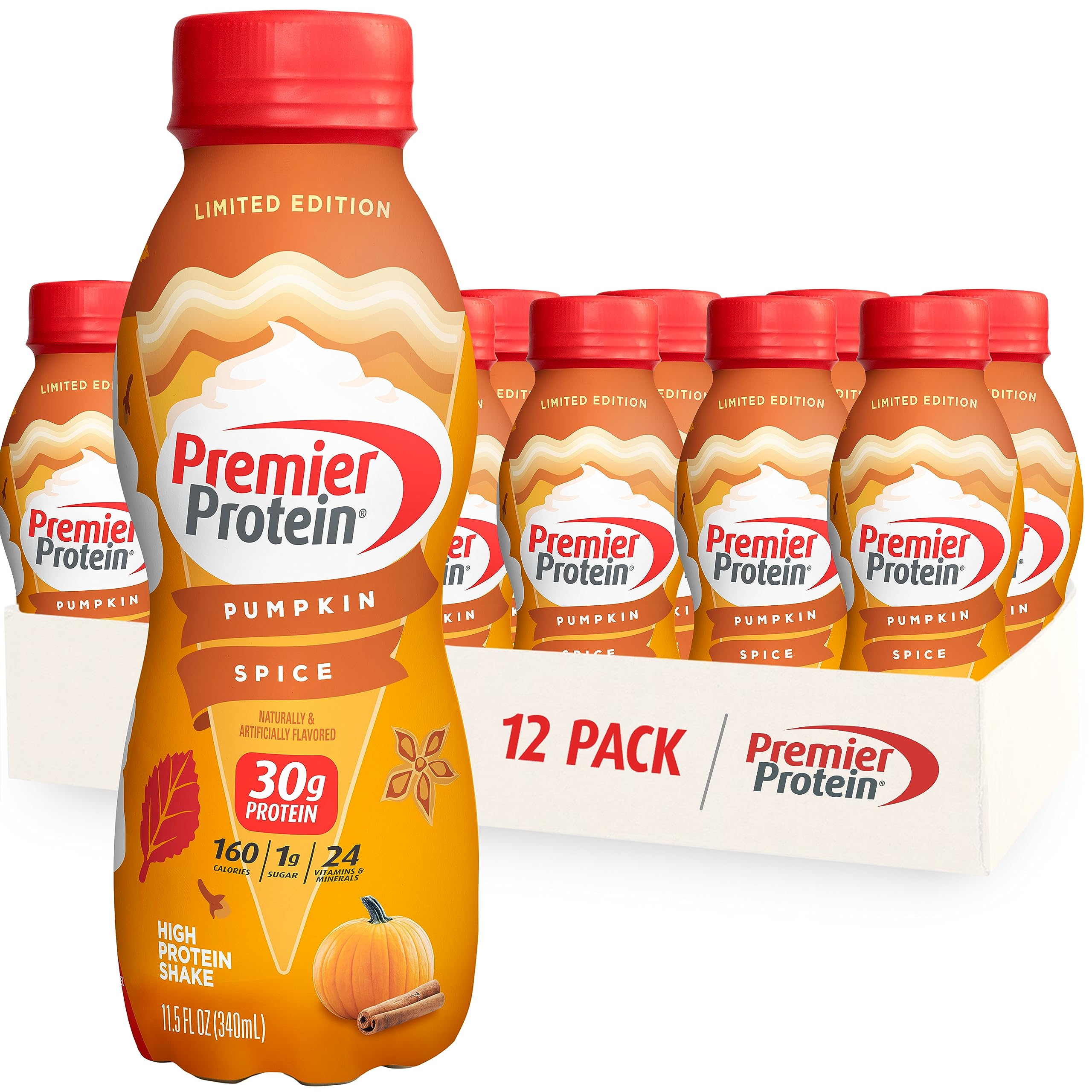 Premier Protein Shake Limited Edition 30g 1g Sugar 24 Vitamins Minerals Nutrients to Support Immune Health, Pumpkin Spice, 11.5 Fl Oz (Pack of 12)