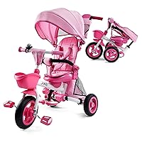 Baby Tricycle, 7-in-1 Folding Kids Trike with Adjustable Parent Handle, Safety Harness & Wheel Brakes, Removable Canopy, Storage, Stroller Bike Gift for Toddlers 18 Months - 5 Years(Pink)
