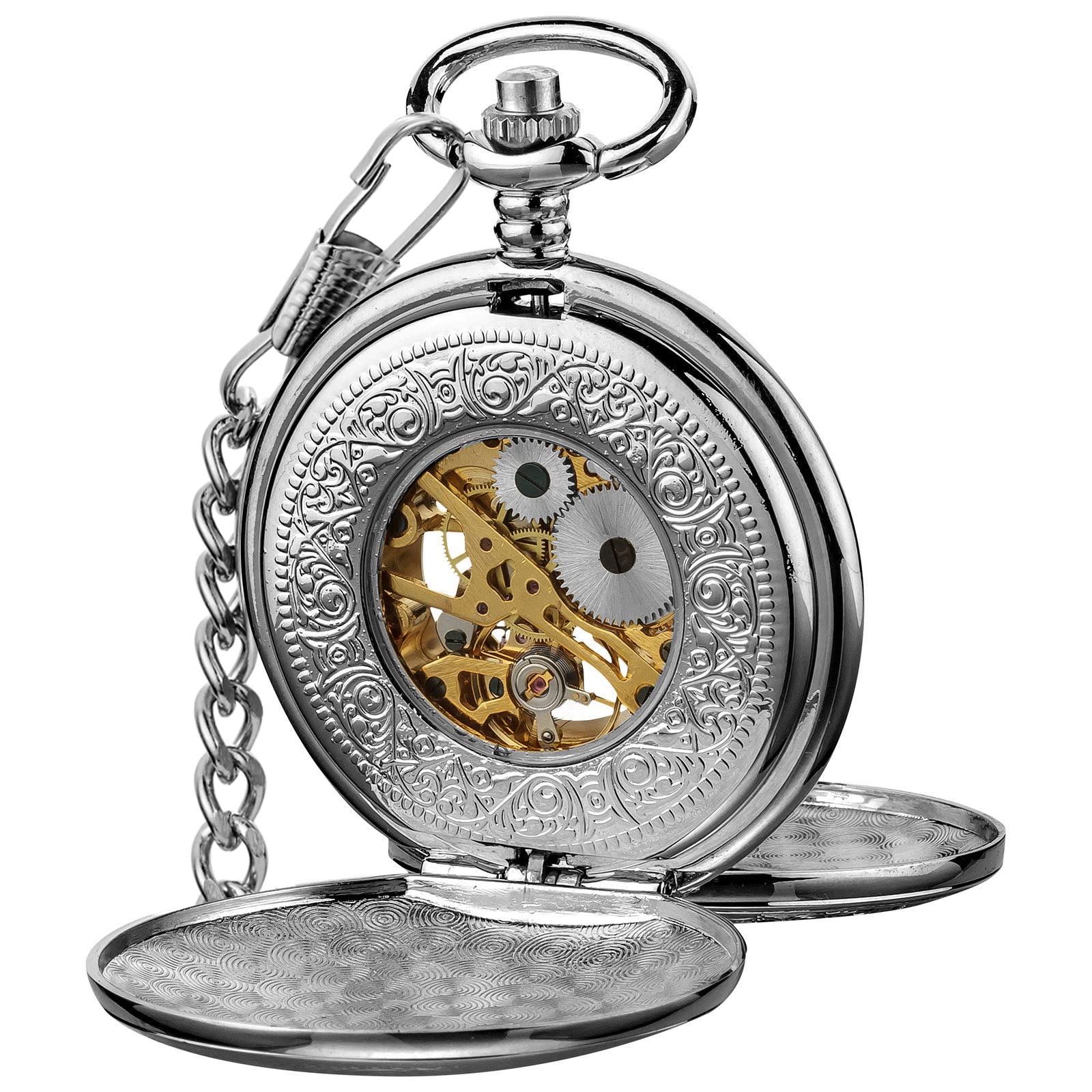 VIGOROSO Mens Classic Steampunk Pocket Watch Black Skeleton Hand Wind Mechanical Watches in Box Mens Pocket Watch with Chain Half Hunter Double Cover Skeleton Mechanical Watches Silver