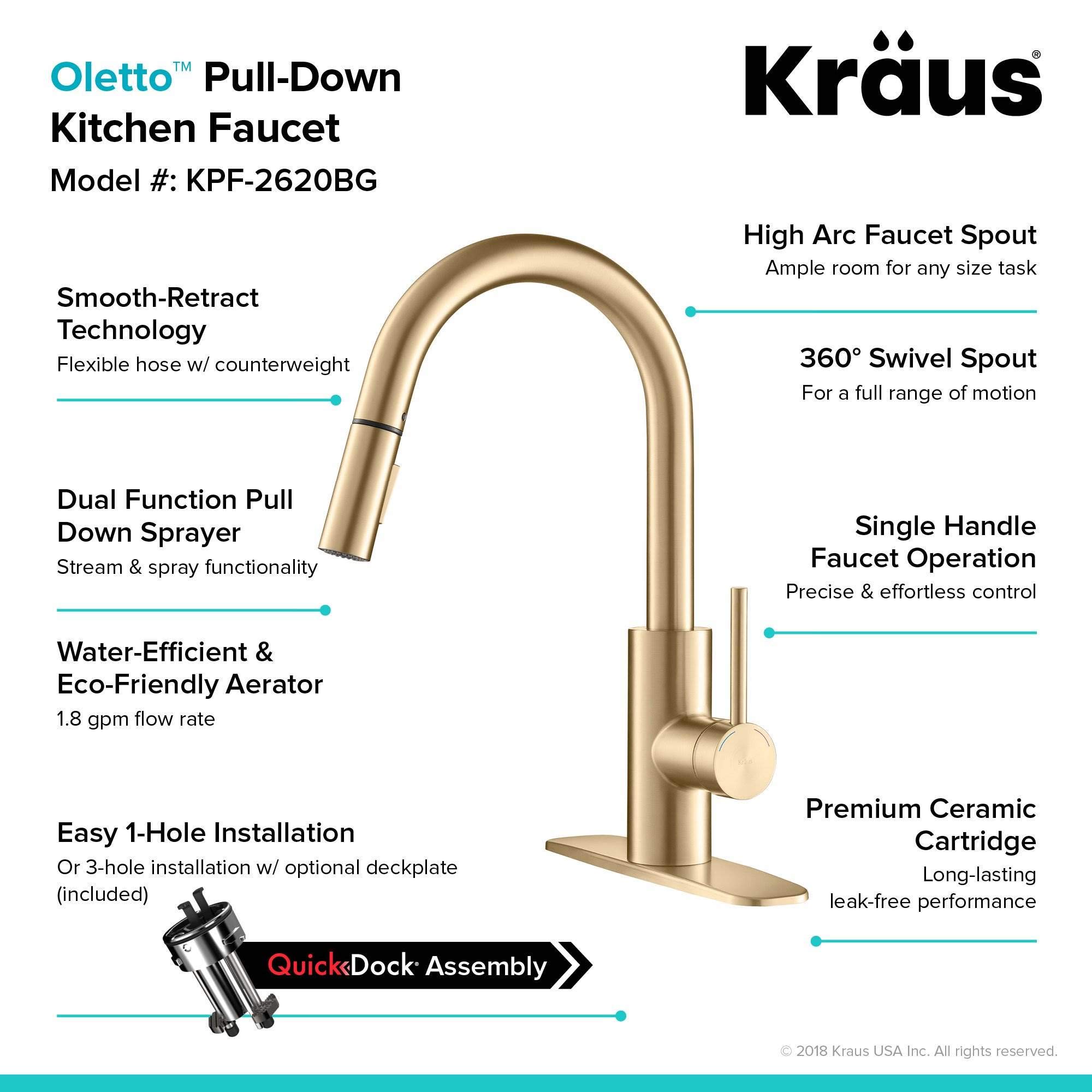 Kraus KPF-2620BB Oletto Kitchen Faucet, 15 1/8 Inch, Brushed Brass