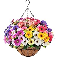 Ouddy Decor Artificial Hanging Flowers with Basket, Fake Silk Hanging Flowers in Coconut Lining Basket Artificial Hanging Plants Outdoors Indoors for Spring Garden Porch Patio Home Decor, Multicolor