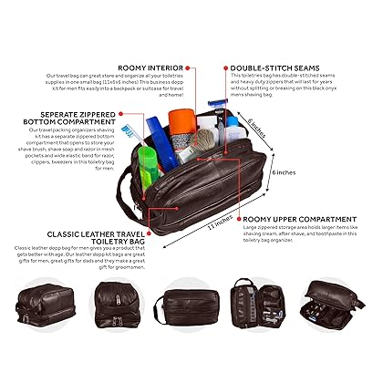 Bayfield Bags Travel Toiletry bag for Men Shaving Dopp Kit (Black) Bottom Storage Holds More (10x6x5)-Leather Mens Toiletry Bag for traveling -Shower Bathroom Bag For men - Men Travel Toiletries bag