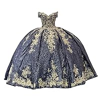 2024 Gold Flowers Lace Embroidery Ball Gown Mexican Quinceanera Prom Formal Dresses Charro Glitter Sequined Fabric