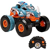 Hot Wheels Monster Trucks HW Transforming Rhinomite RC in 1:12 Scale with 1:64 Scale Race Ace Toy Truck, Converts into Launcher, Connects to Orange Track