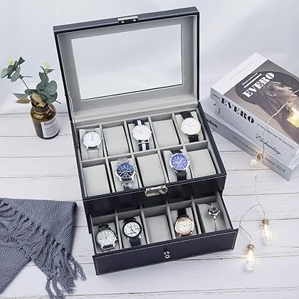 VEEKALA 20 Slot Watch Box Lockable Watches Collector Organizer Display Case Jewelry Storage