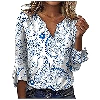 Fall Tshirts,Women's Top Loose Casual V-Neck Printed Blouses Bell 3/4 Sleeve T-Shirt