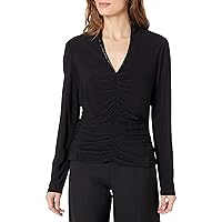 Jessica Howard Women's Long Sleeve V-Neck Top with Front Shirring and Beaded Neckline