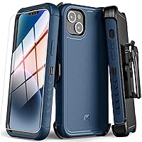 MYBAT Pro Shockproof Maverick Series Case for iPhone 14 Plus Case with Belt Clip Holster and Tempered Glass, 6.7 inch, Heavy Duty Military Grade Drop Protective, with 360° Rotating Kickstand-Blue