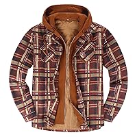 Mens Hooded Sweatshirt Sherpa Quilted Lined Button Down Plaid Shirt Jackets For Men Winter Warm Hooded Outerwear
