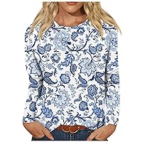 FYUAHI Women's All Shirts for Women Plus Size Fashion Casual Retro Printed Round Neck Long Sleeve Pullover Top