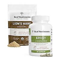 Real Mushrooms Ergothioneine (60ct) and Lion’s Mane Organic Powder (60 Servings) Bundle with Shiitake and Oyster Mushroom Extracts - Longevity and Cognition - Vegan, Gluten Free, Non-GMO