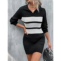Women's Fashion Dress -Dresses Striped Pattern Sweater Dress Sweater Dress for Women (Color : Black and White, Size : Medium)