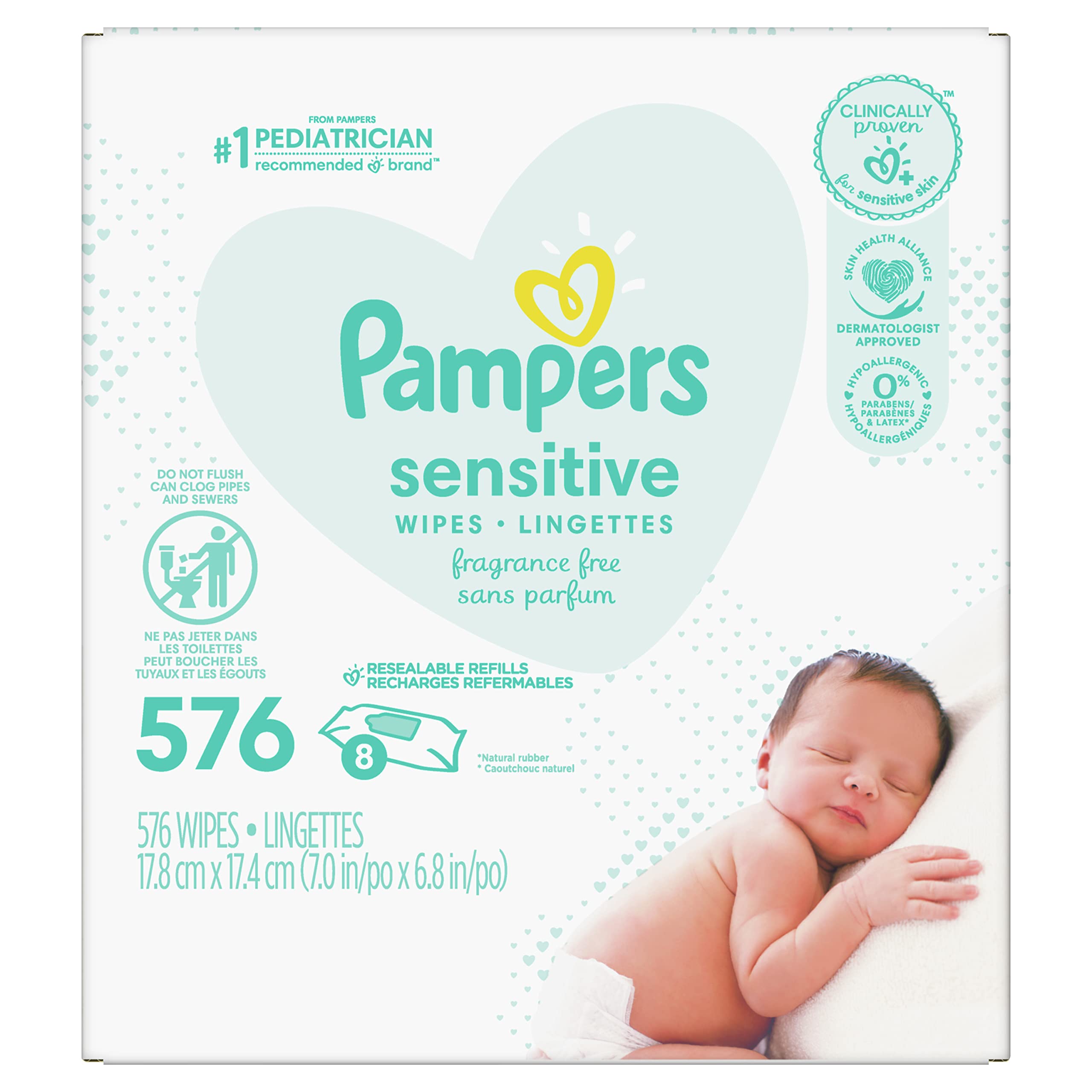 Baby Wipes Refills, 576 count - Pampers Sensitive Water Based Hypoallergenic and Unscented Baby Wipes (Packaging May Vary)