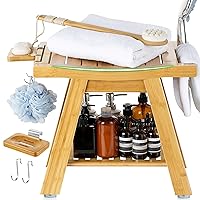 ETECHMART Bamboo Shower Bench Seat, A-Shaped Bath Spa Stool with Storage Shelf for Legs Shaving Inside Shower or Bathroom, Waterproof Wooden Shower Chair for Seniors Adults Disabled Elderly, Bamboo