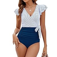Blooming Jelly Women's Tummy Control Swimsuits Slimming One Piece Bathing Suit Ruffle Wrap V Neck Swimwear