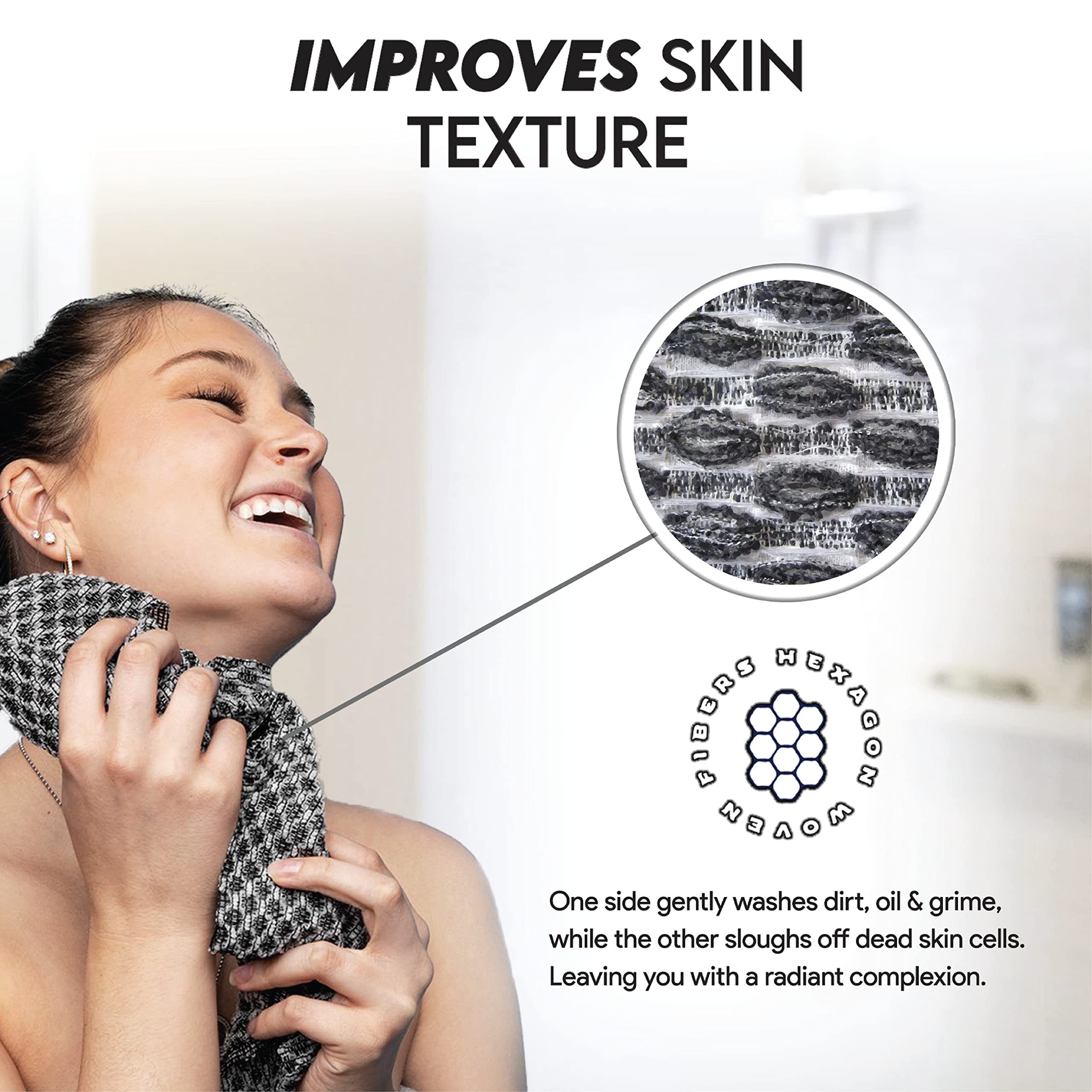 Sima Brand Exfoliating Washcloth Face & Body Scrub Towel - Japanese Exfoliating Towel with Hexagon Fibers, Exfoliating Body Scrubber with 2 Sides for Scrubbing & Washing - 1 Extra Long Towel