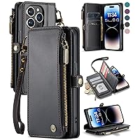 Defencase for iPhone 14 Pro Case, RFID Blocking for iPhone 14 Pro Wallet Case for Women Men with Credit Card Holder Zipper Pocket PU Leather Protective Cover for Apple iPhone 14 Pro Phone Case, Black